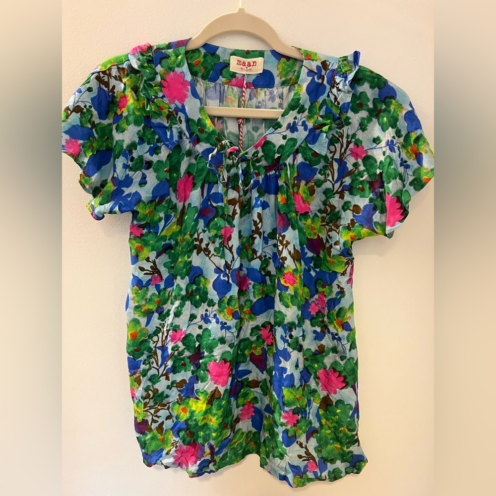 maan belgium Bright Green Floral Print Belle Blouse, Kids Size 18